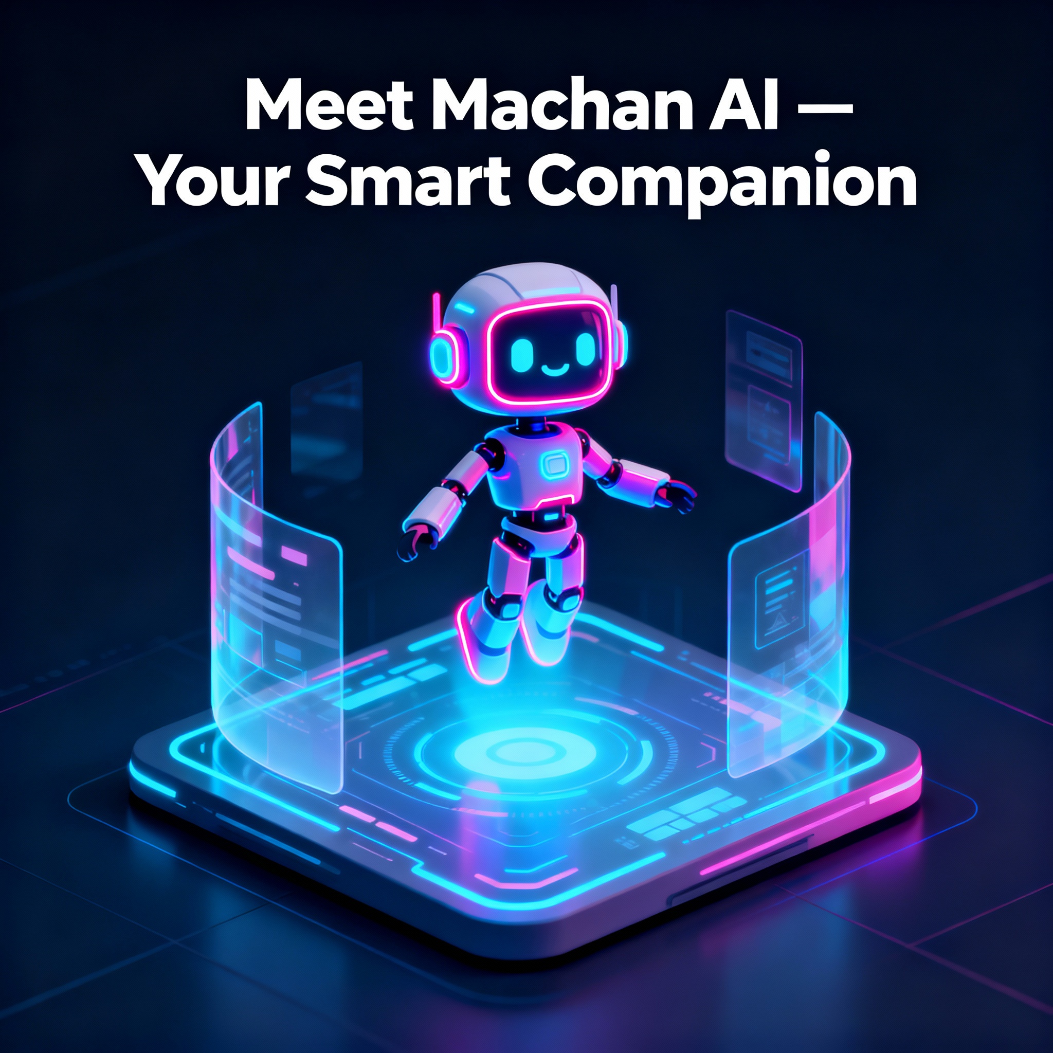 A friendly and futuristic AI avatar representing Machan AI